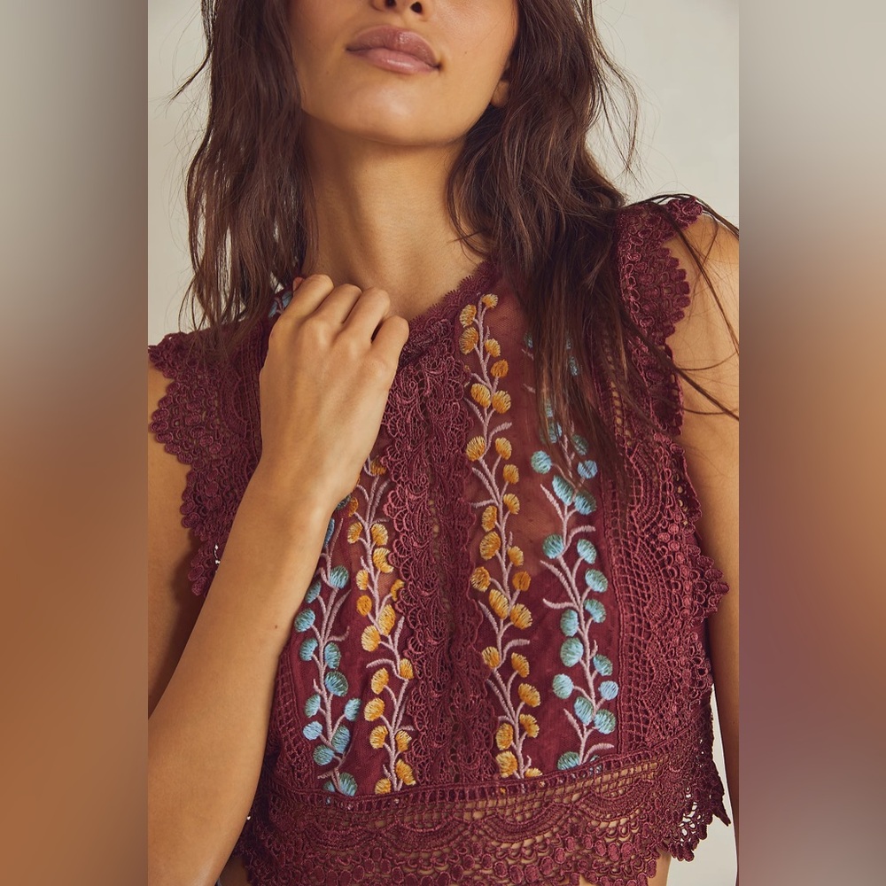 Free People Bisoux Dotted Mesh Crop in Garnet Royale
